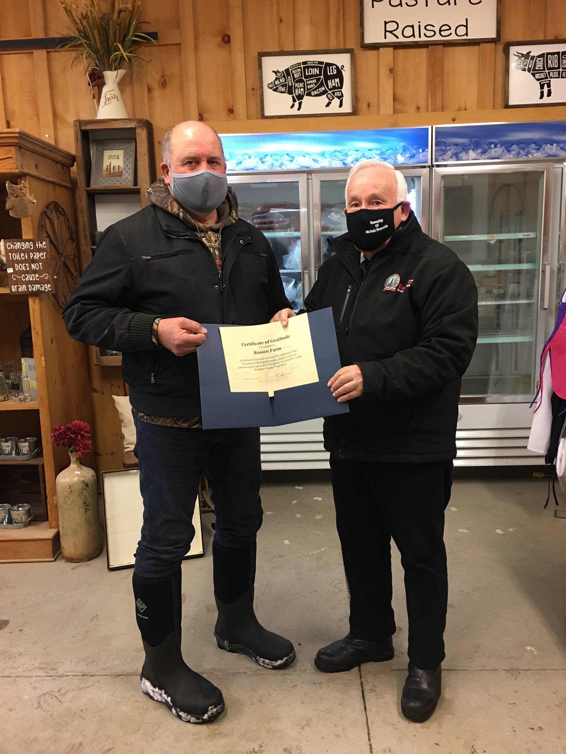 Rosien Farm Thank you Food Bank Donation Township of McNab/Braeside